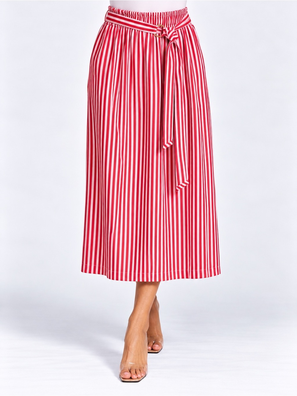 Deja Bleu Medium Red White Striped Midi Skirt Belted Pockets Cotton Blend